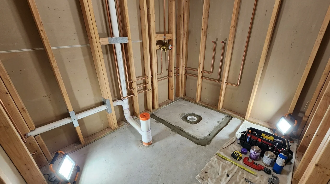 Bathroom rough-in plumbing during remodel by Johns Plumbing LLC in Williston Park