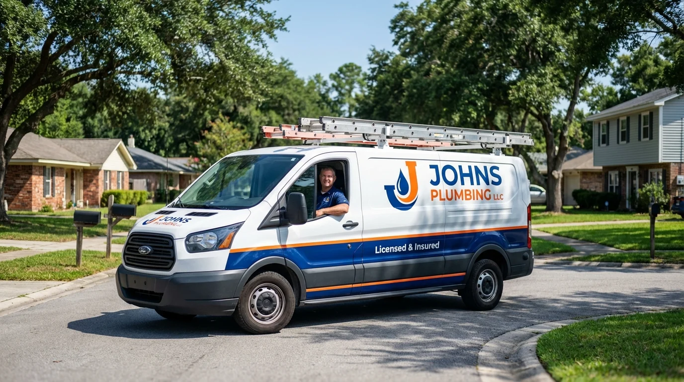 Johns Plumbing LLC service van in Williston Park, NY