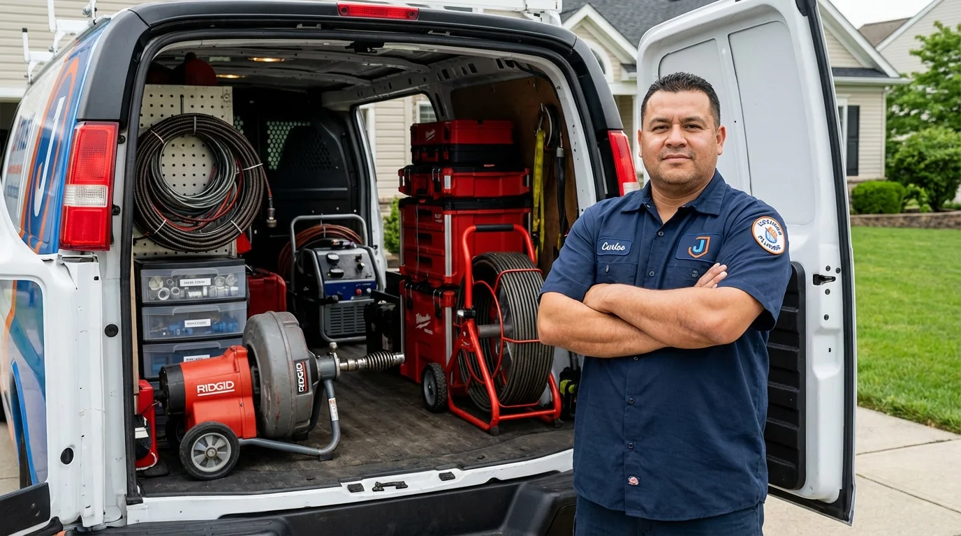 Professional drain cleaning equipment and Johns Plumbing LLC plumber in Williston Park