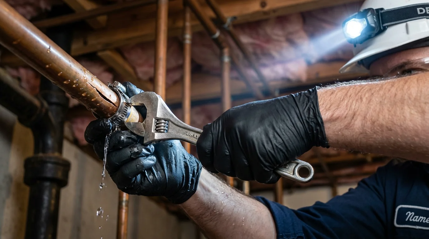Emergency pipe clamp repair being performed by a Johns Plumbing LLC plumber in Williston Park