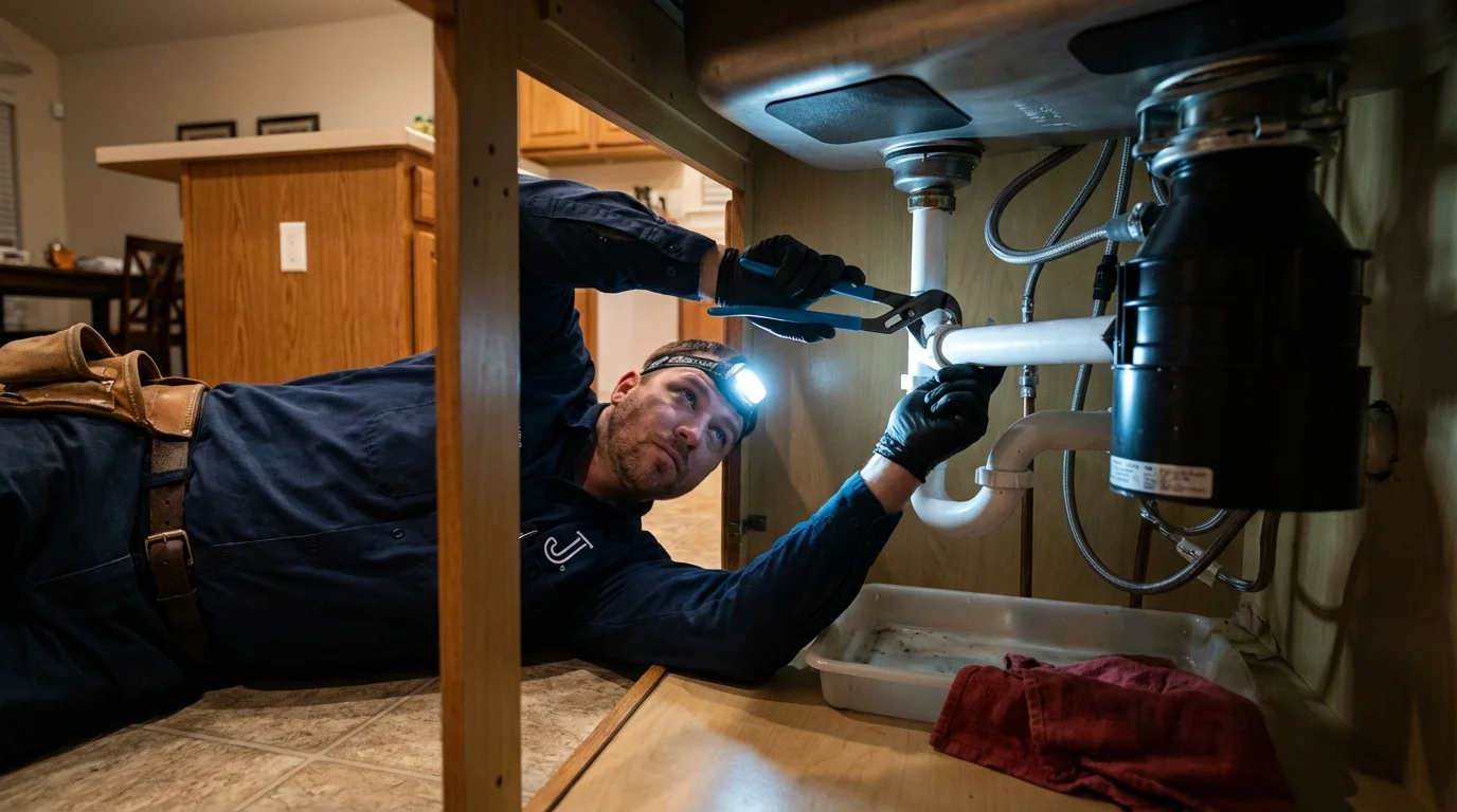 P-trap and supply line connections under a kitchen sink showing a common leak point in Williston Park, NY